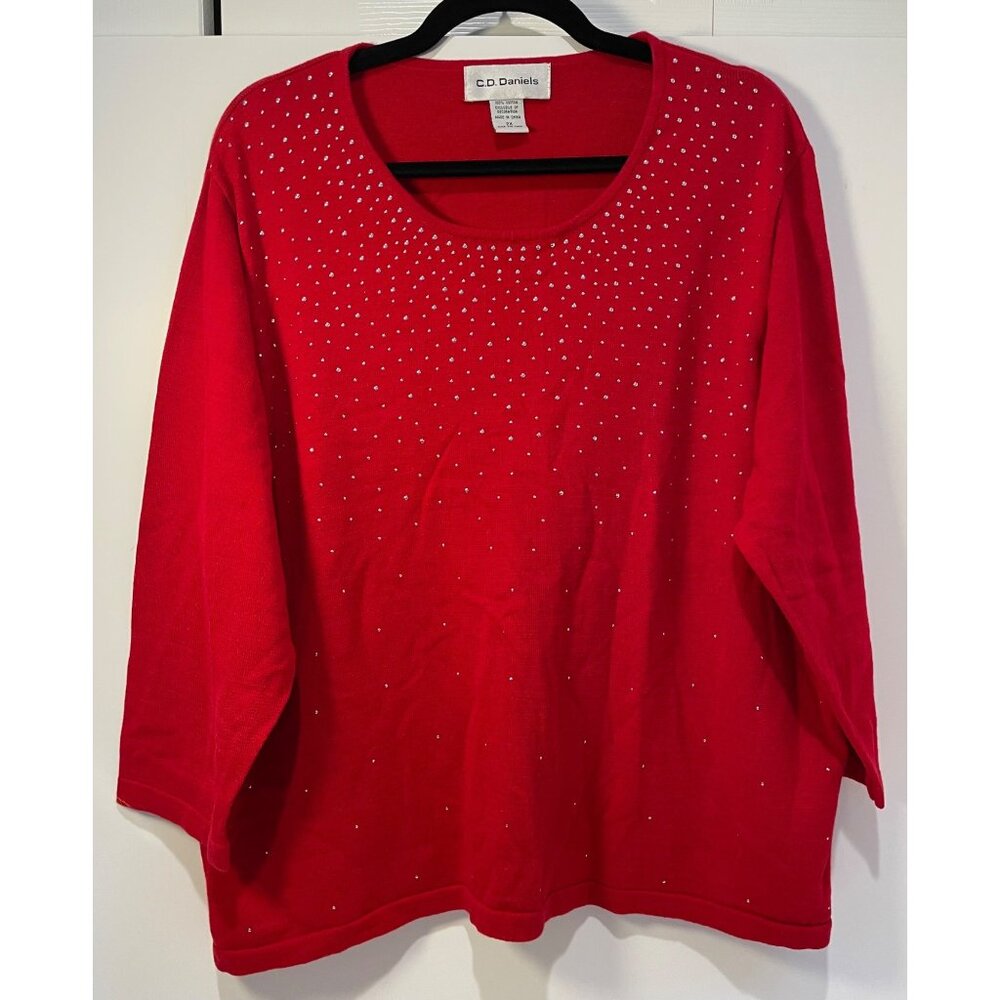 Vtg CD Daniels Embellished Pullover Scoop Neck Sweater Size 2X Silver Studs Glam
